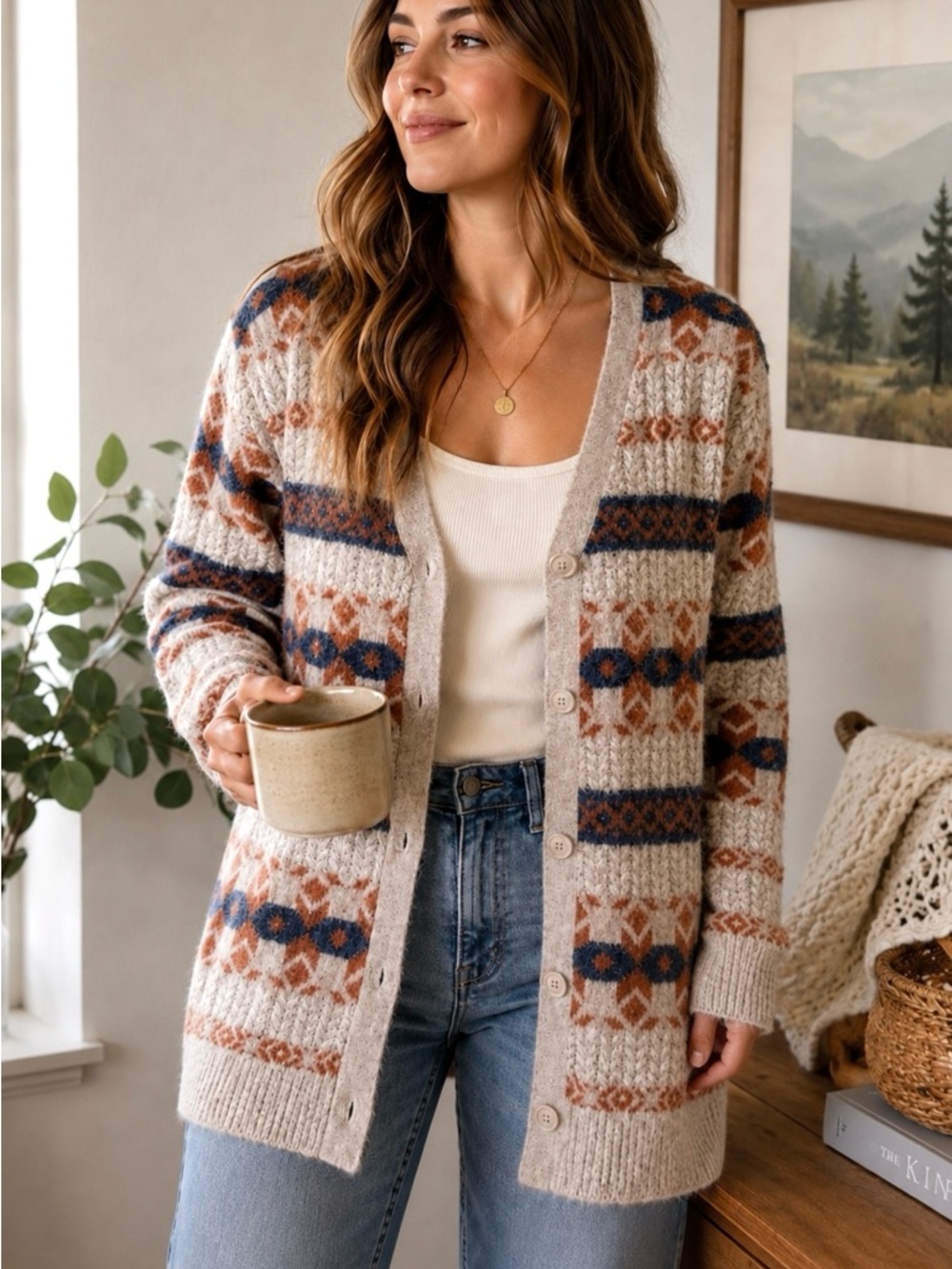 Fat Face Fair Isle Alpaca Blend Fuzzy Cardigan Sweater Cozy Nordic